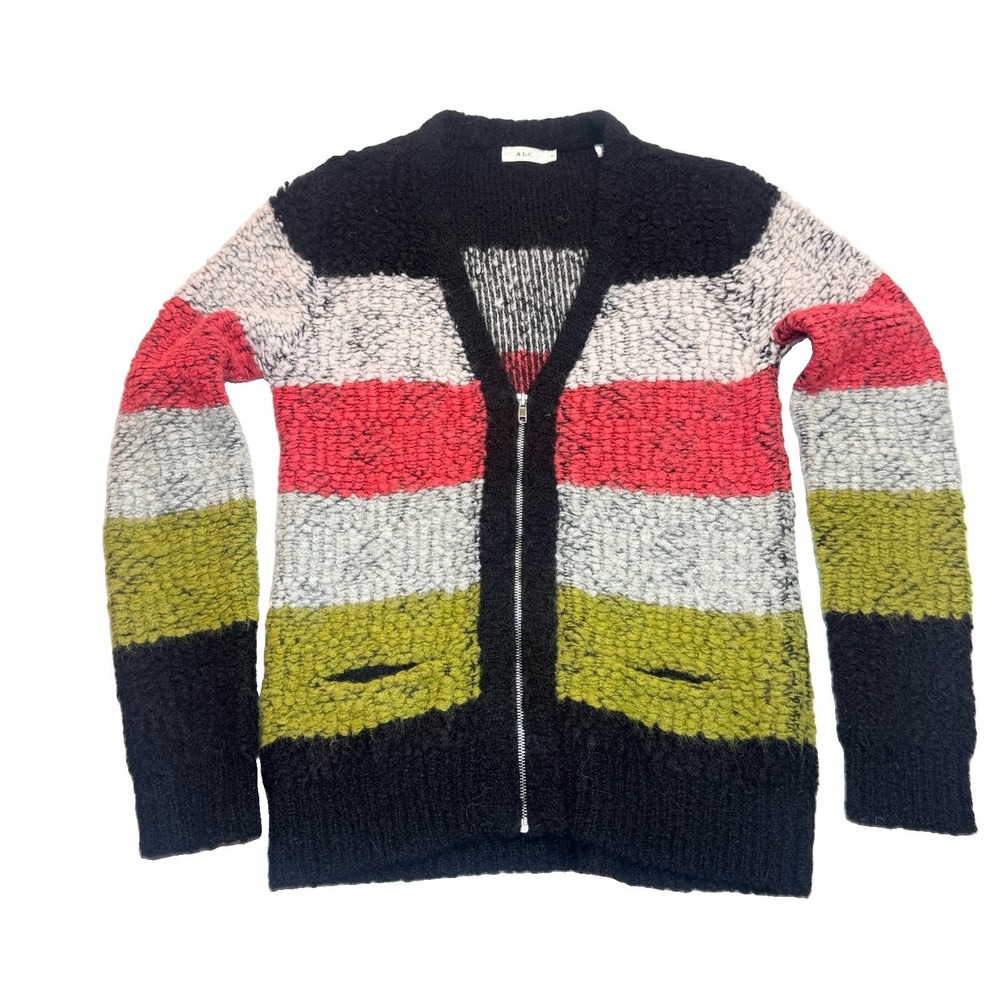 ALC Womens Alpaca Wool Striped Zip Front Cardigan Sweater M Indie Grunge Texture